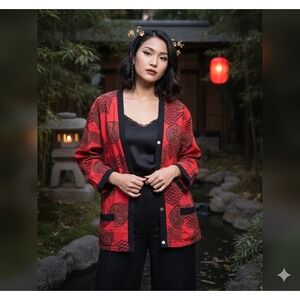 Sears Roebucks Vtg Noragi Style Asian Inspired Print Kimono Cardigan Jacket Sz M
